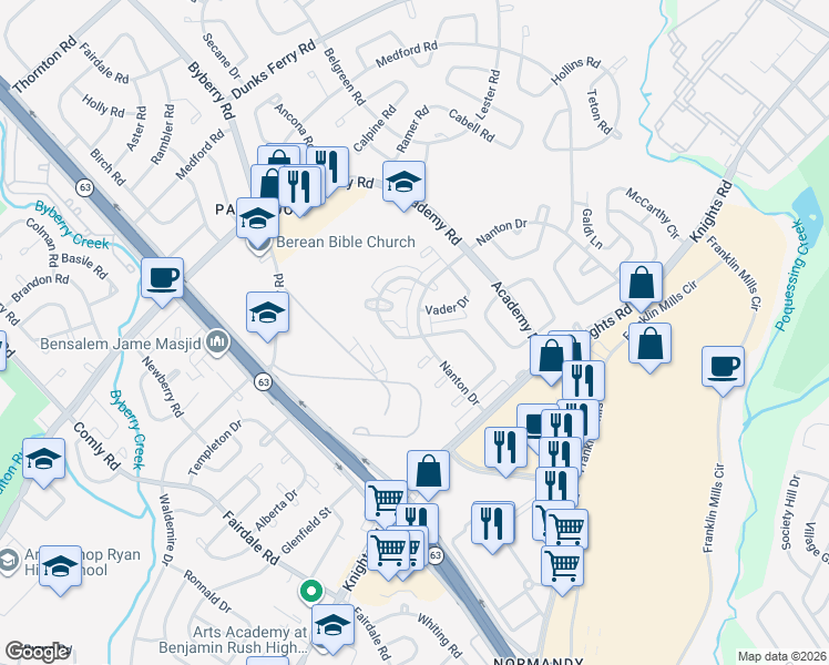 map of restaurants, bars, coffee shops, grocery stores, and more near 3634 Genesee Drive in Philadelphia