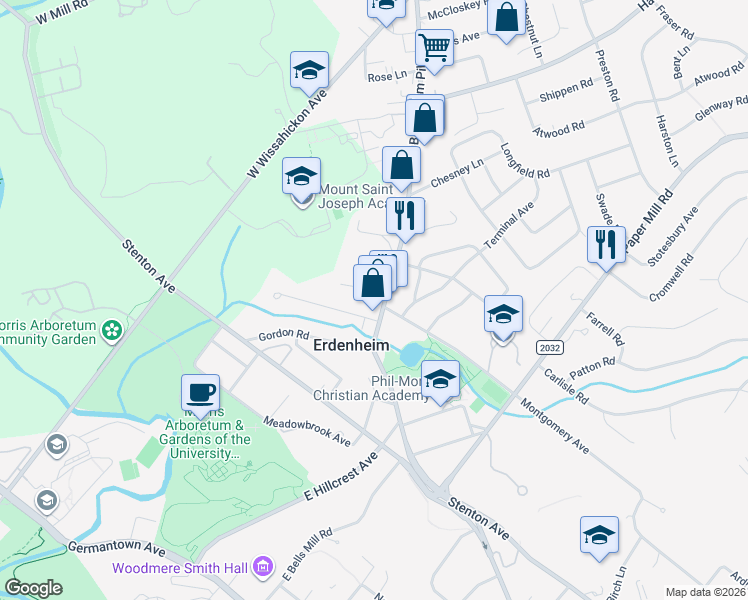 map of restaurants, bars, coffee shops, grocery stores, and more near 629 Bethlehem Pike in Erdenheim