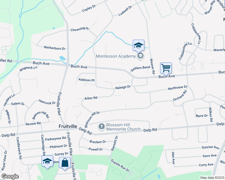 map of restaurants, bars, coffee shops, grocery stores, and more near 2312 Raleigh Drive in Lancaster