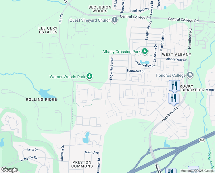 map of restaurants, bars, coffee shops, grocery stores, and more near 5506 Parker Landings Drive in Westerville