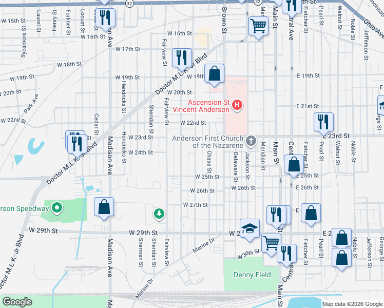 map of restaurants, bars, coffee shops, grocery stores, and more near 2422 Lincoln Street in Anderson