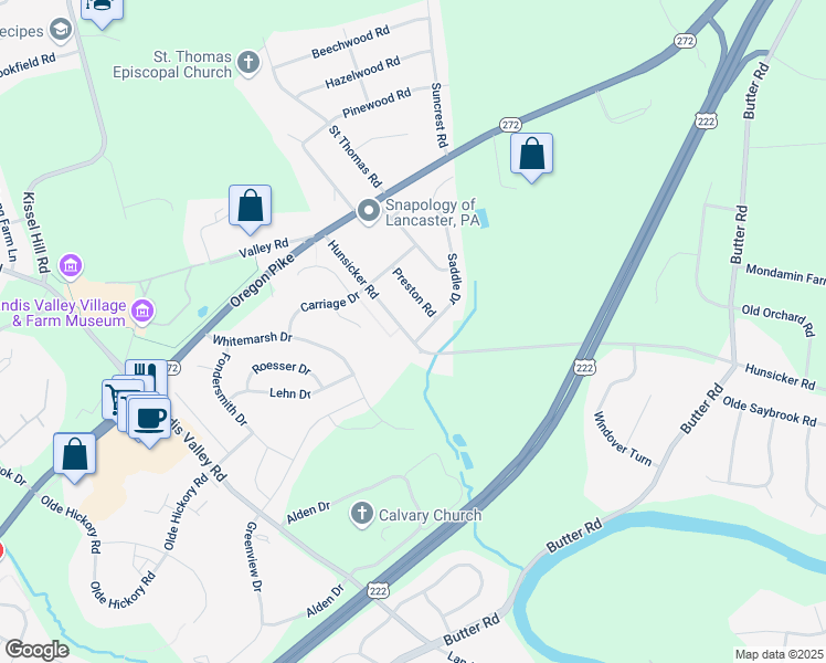 map of restaurants, bars, coffee shops, grocery stores, and more near 1046 Hunsicker Road in Lancaster