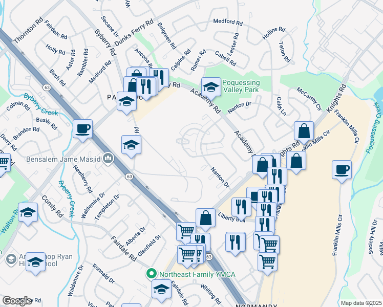 map of restaurants, bars, coffee shops, grocery stores, and more near 3625 Genesee Drive in Philadelphia