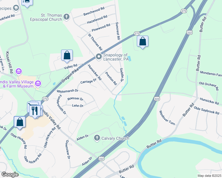 map of restaurants, bars, coffee shops, grocery stores, and more near 1046 Hunsicker Road in Lancaster