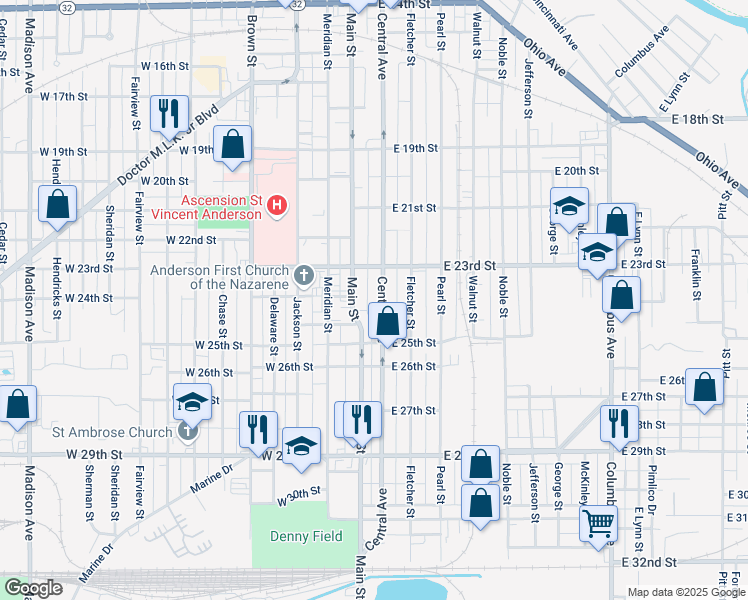 map of restaurants, bars, coffee shops, grocery stores, and more near 2411 Central Avenue in Anderson