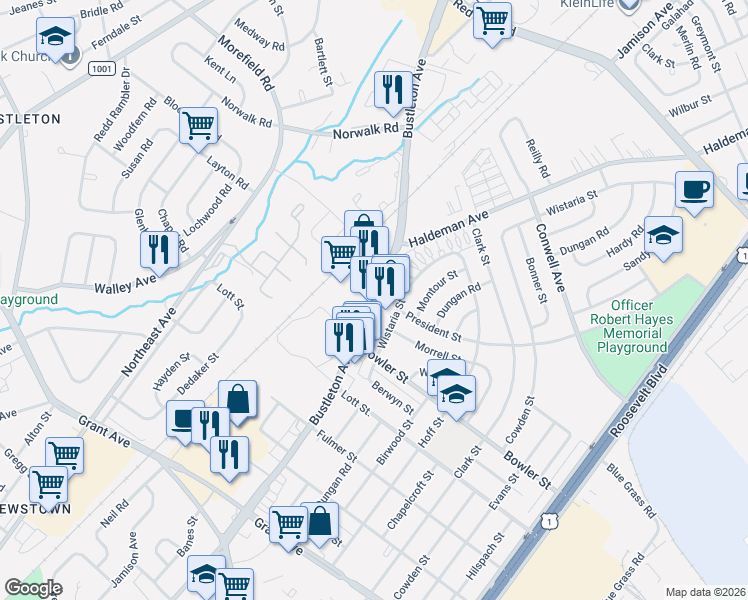 map of restaurants, bars, coffee shops, grocery stores, and more near 9857 Bustleton Avenue in Philadelphia