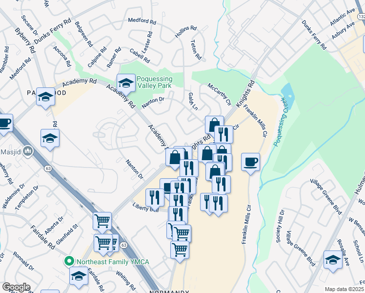 map of restaurants, bars, coffee shops, grocery stores, and more near 12624 Knights Place in Philadelphia