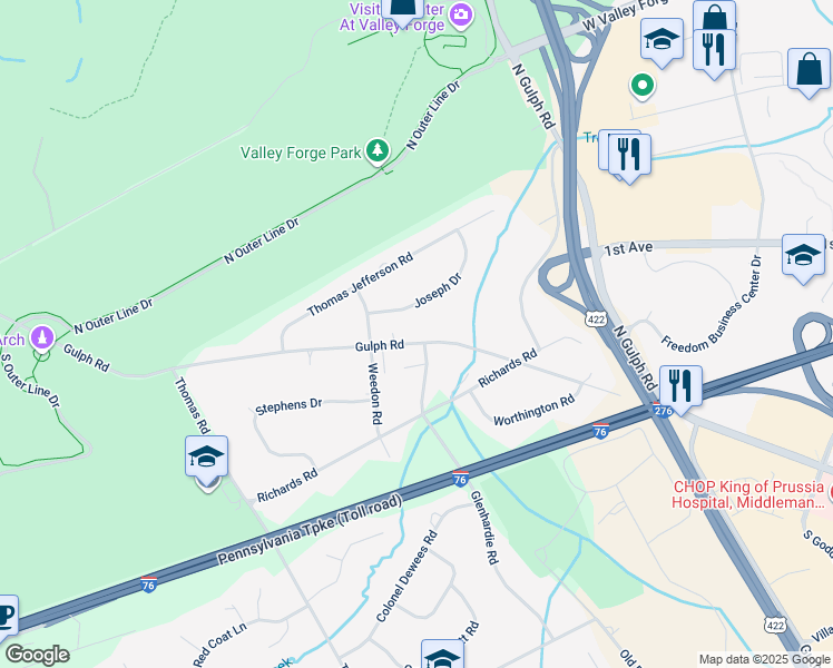 map of restaurants, bars, coffee shops, grocery stores, and more near 695 Gulph Road in Wayne