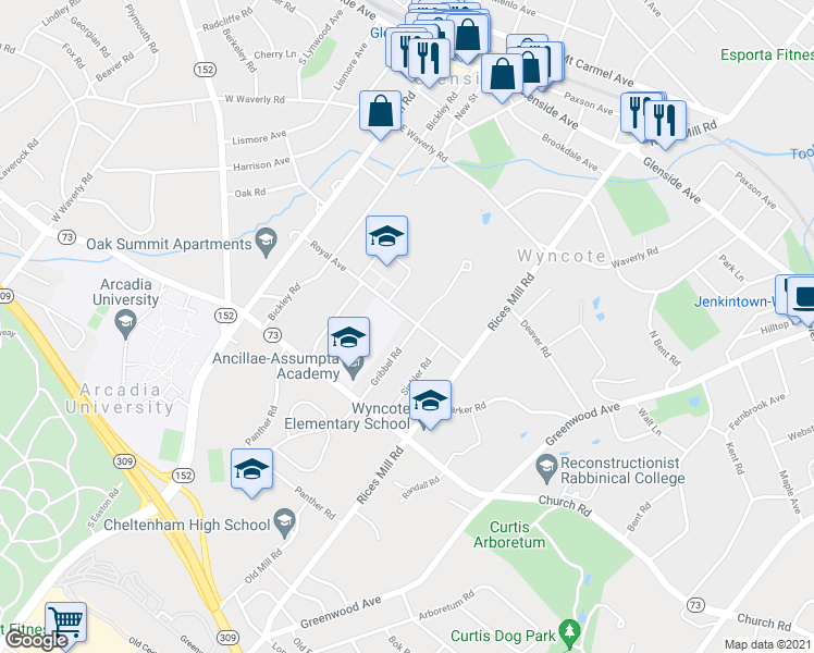 map of restaurants, bars, coffee shops, grocery stores, and more near 300 Gribbel Road in Wyncote