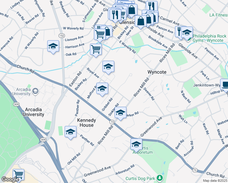 map of restaurants, bars, coffee shops, grocery stores, and more near 300 Gribbel Road in Wyncote