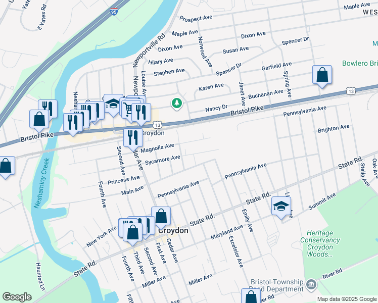 map of restaurants, bars, coffee shops, grocery stores, and more near 1115 Sycamore Avenue in Croydon