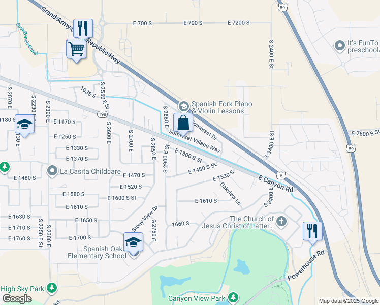 map of restaurants, bars, coffee shops, grocery stores, and more near 3031 East Canyon Road in Spanish Fork