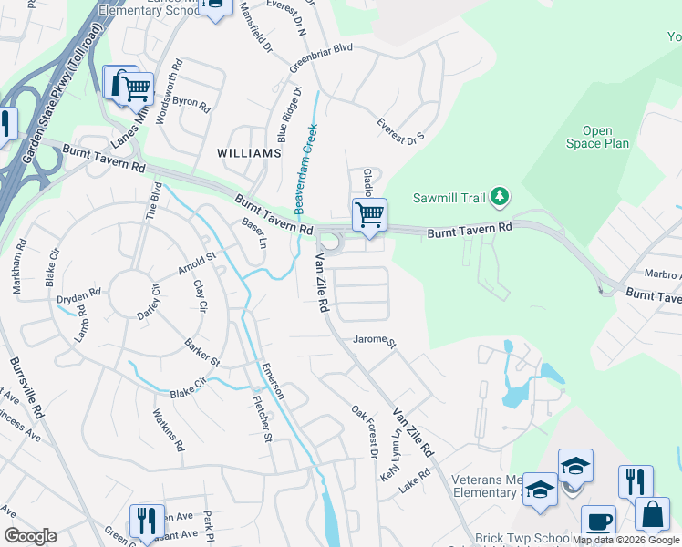 map of restaurants, bars, coffee shops, grocery stores, and more near 6 Red Maple Drive in Brick Township