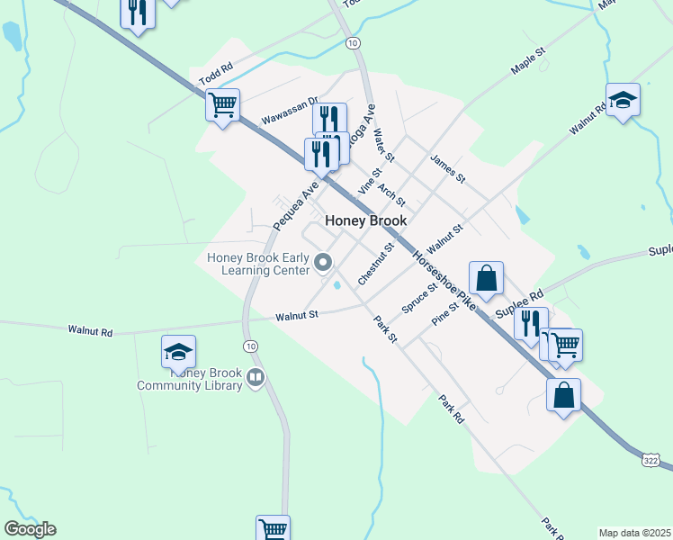 map of restaurants, bars, coffee shops, grocery stores, and more near 3 Park Street in Honey Brook