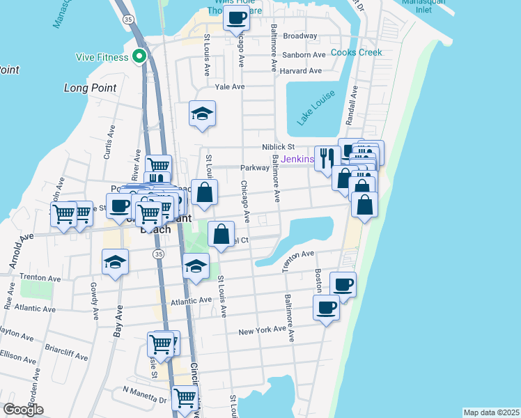 map of restaurants, bars, coffee shops, grocery stores, and more near 210 Arnold Avenue in Point Pleasant Beach