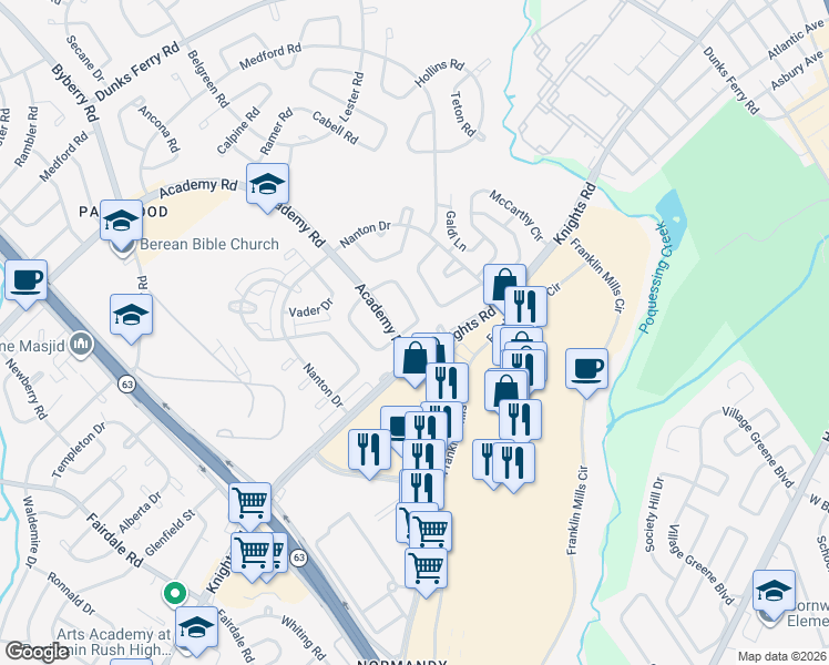 map of restaurants, bars, coffee shops, grocery stores, and more near 12604 Knights Road in Philadelphia