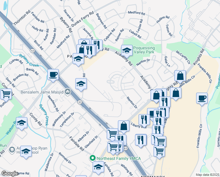 map of restaurants, bars, coffee shops, grocery stores, and more near 3610 Genesee Drive in Philadelphia