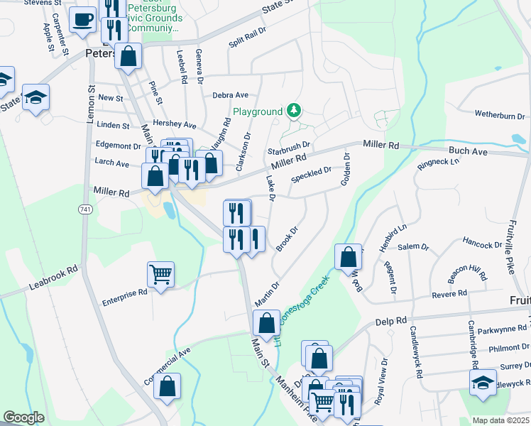map of restaurants, bars, coffee shops, grocery stores, and more near 5322 Lake Drive in East Petersburg
