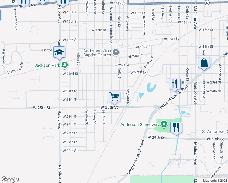 map of restaurants, bars, coffee shops, grocery stores, and more near 2317 Reverend J.T. Menifee Street in Anderson