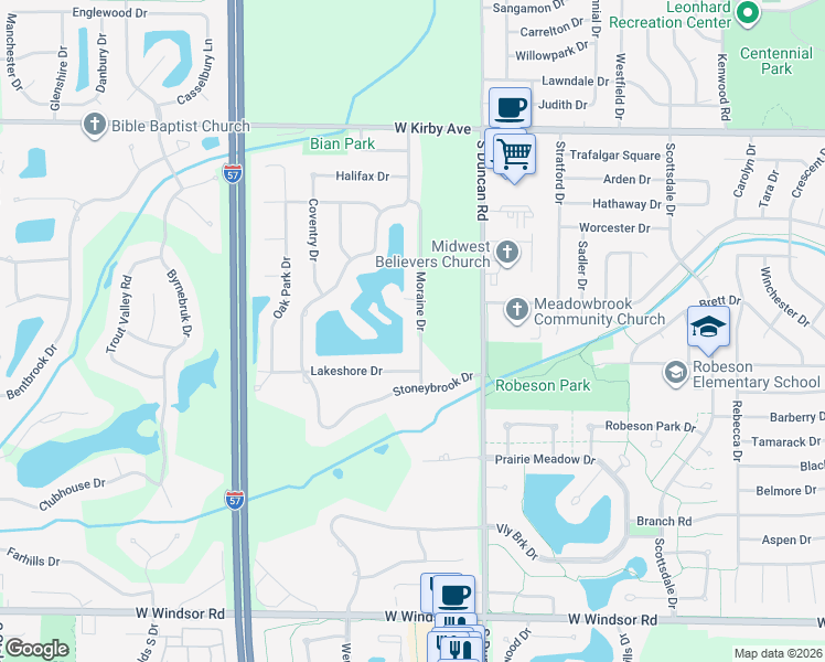 map of restaurants, bars, coffee shops, grocery stores, and more near 1921 Moraine Drive in Champaign