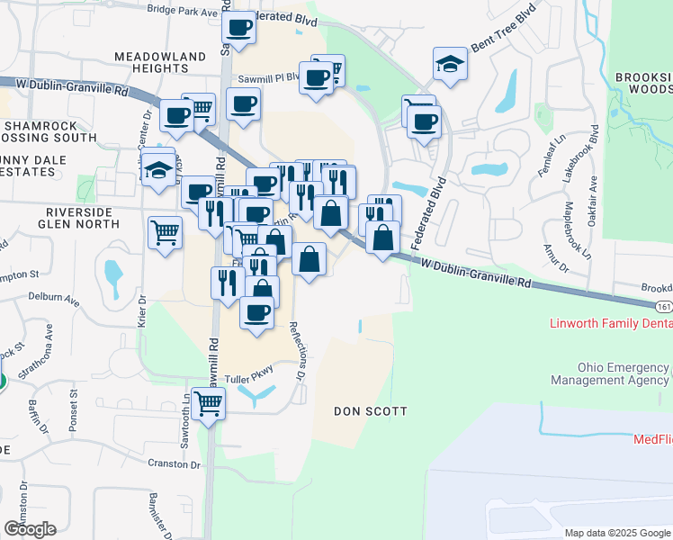 map of restaurants, bars, coffee shops, grocery stores, and more near 6700 Allister Way in Columbus