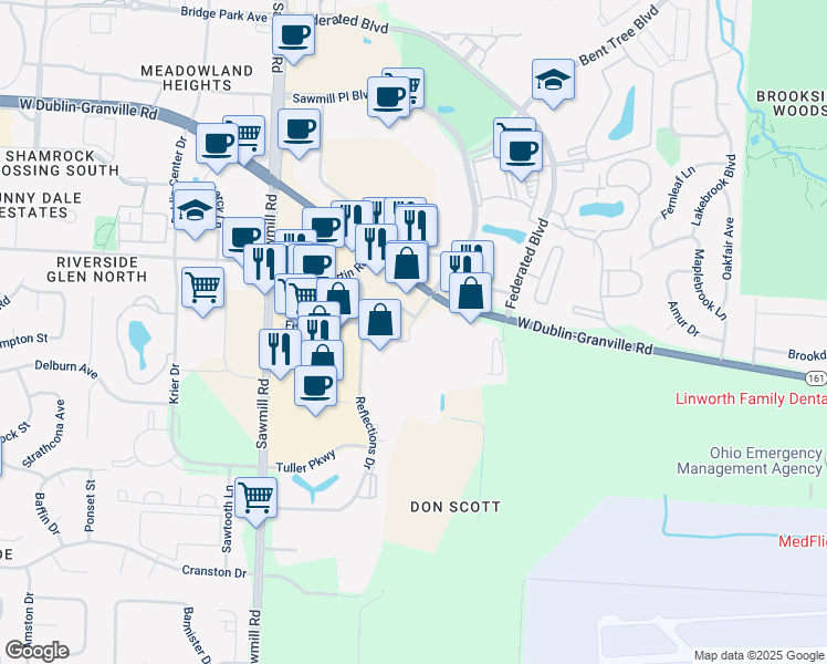 map of restaurants, bars, coffee shops, grocery stores, and more near 6700 Allister Way in Columbus