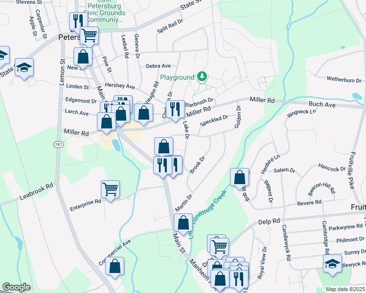 map of restaurants, bars, coffee shops, grocery stores, and more near 5322 Lake Drive in East Petersburg