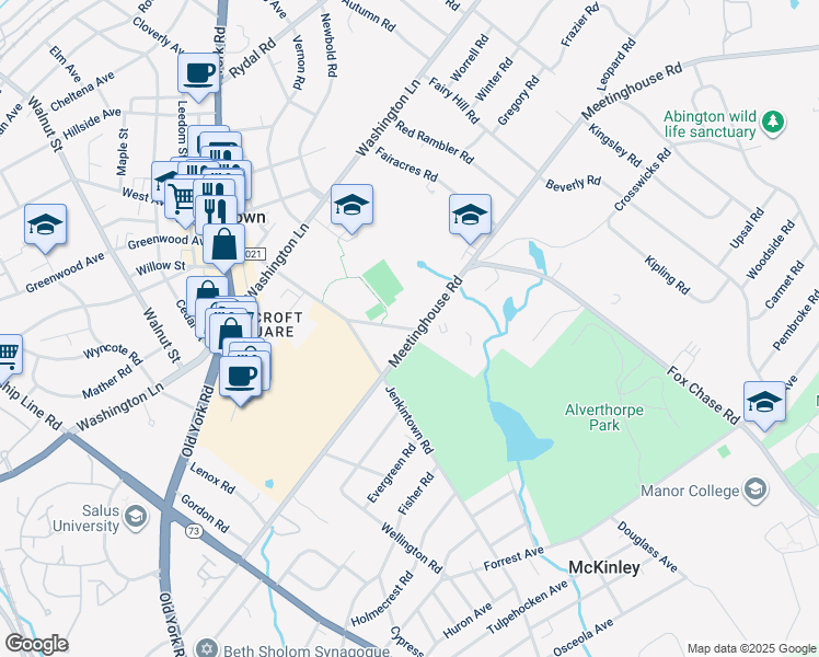 map of restaurants, bars, coffee shops, grocery stores, and more near 1287 Greenwood Avenue in Jenkintown