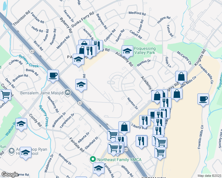map of restaurants, bars, coffee shops, grocery stores, and more near 3610 Genesee Drive in Philadelphia
