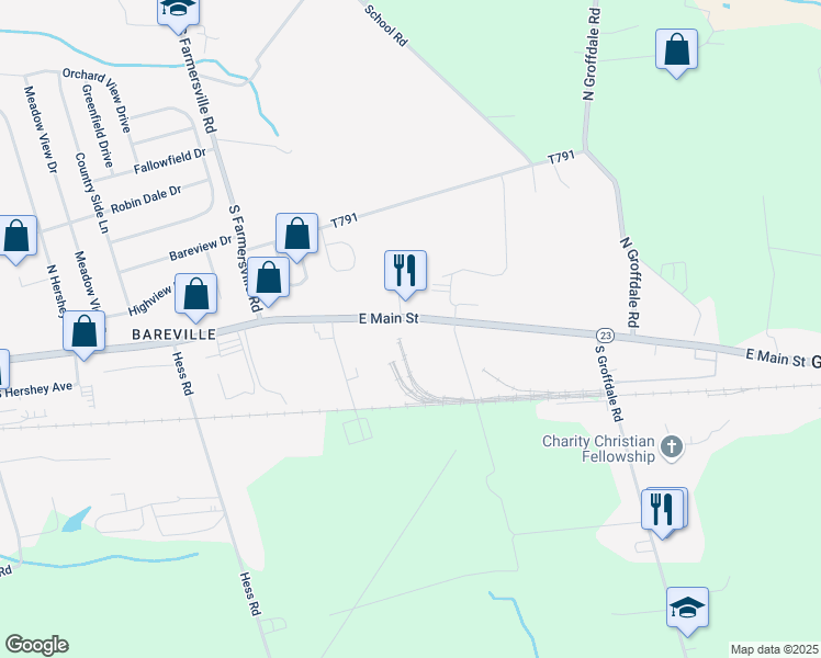 map of restaurants, bars, coffee shops, grocery stores, and more near 374 East Main Street in Leacock-Leola-Bareville