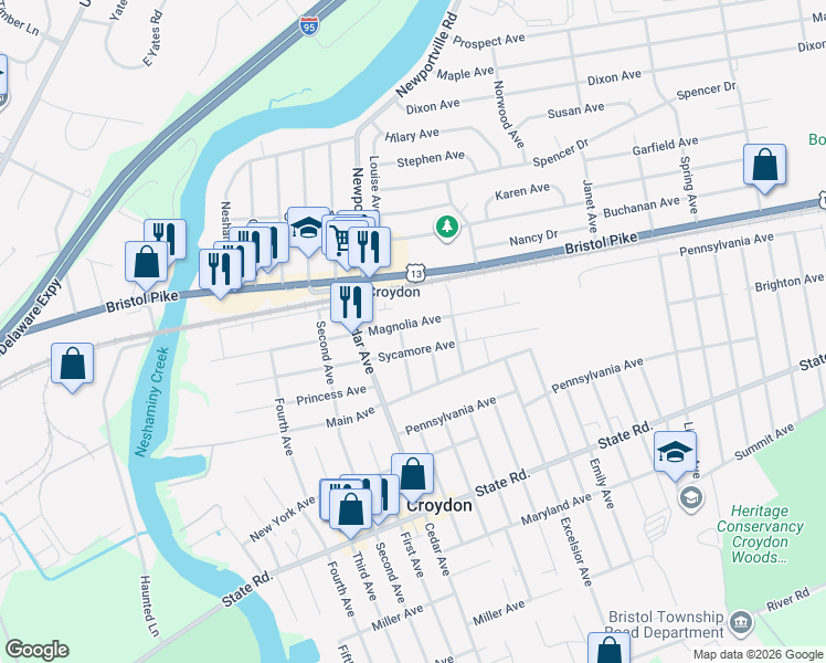 map of restaurants, bars, coffee shops, grocery stores, and more near 916 Sycamore Avenue in Croydon