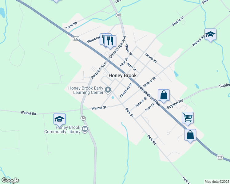 map of restaurants, bars, coffee shops, grocery stores, and more near 1006 Maple Street in Honey Brook
