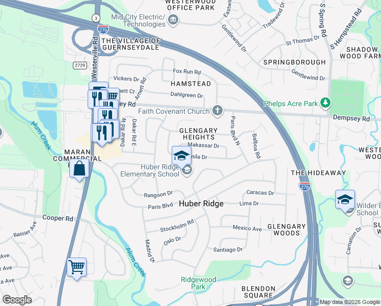 map of restaurants, bars, coffee shops, grocery stores, and more near 3587 Manila Drive in Westerville