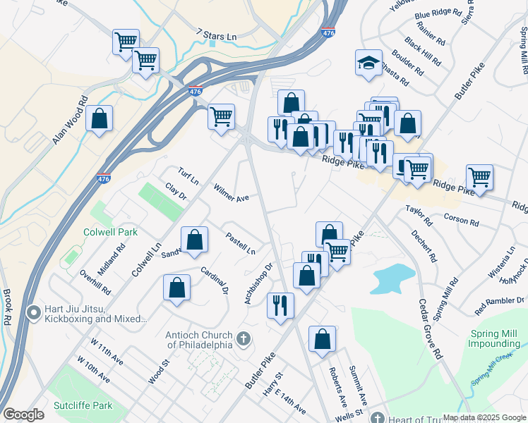 map of restaurants, bars, coffee shops, grocery stores, and more near 109 West North Lane in Conshohocken