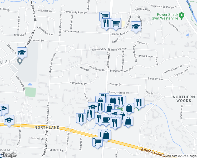 map of restaurants, bars, coffee shops, grocery stores, and more near 5899 Cleveland Avenue in Columbus