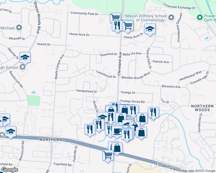 map of restaurants, bars, coffee shops, grocery stores, and more near 5899 Cleveland Avenue in Columbus