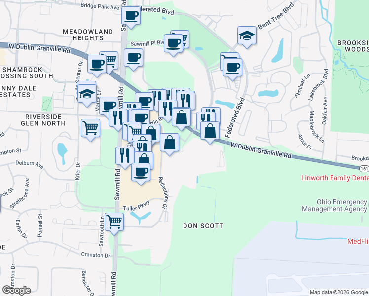 map of restaurants, bars, coffee shops, grocery stores, and more near 3571 West Dublin Granville Road in Columbus