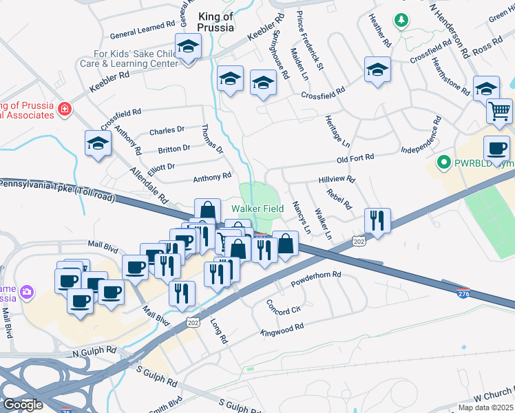 map of restaurants, bars, coffee shops, grocery stores, and more near 520 Old Fort Road in King of Prussia