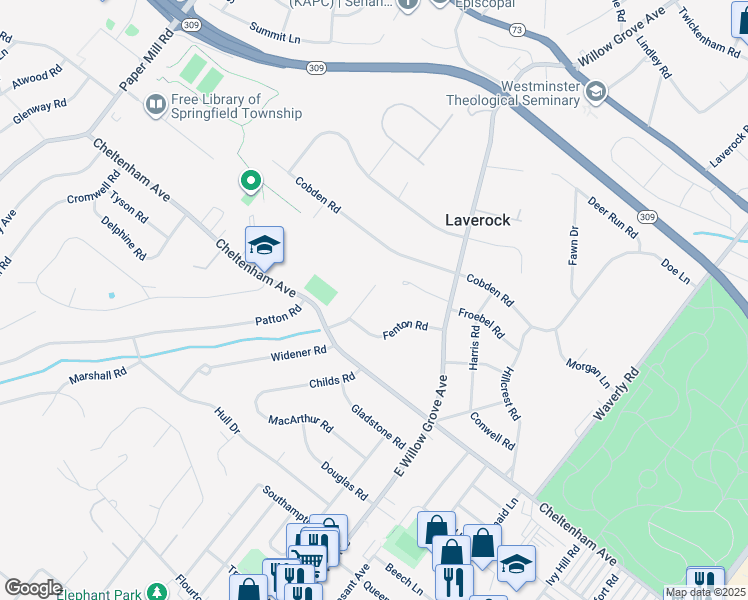 map of restaurants, bars, coffee shops, grocery stores, and more near 1632 Chattin Road in Glenside