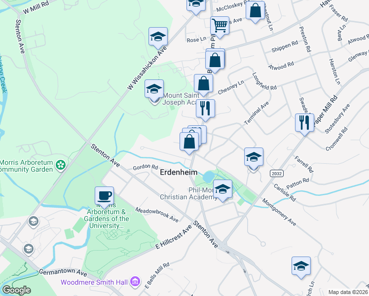map of restaurants, bars, coffee shops, grocery stores, and more near 629 Bethlehem Pike in Erdenheim