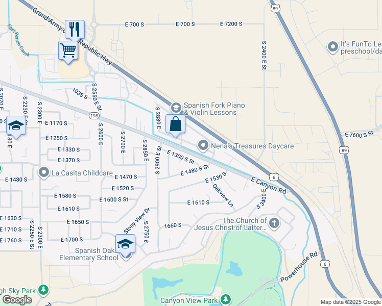 map of restaurants, bars, coffee shops, grocery stores, and more near 3074 East Canyon Road in Spanish Fork
