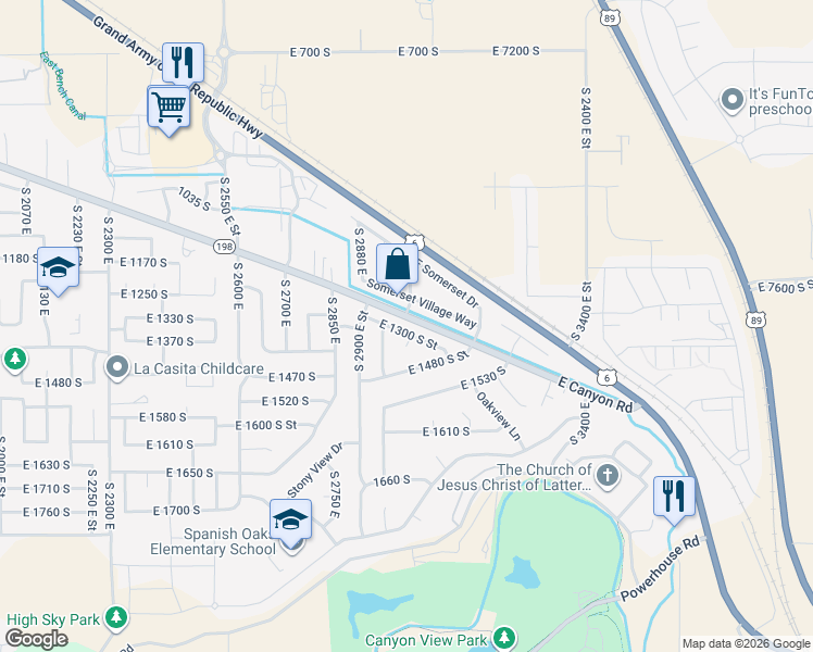 map of restaurants, bars, coffee shops, grocery stores, and more near 3013 East Canyon Road in Spanish Fork