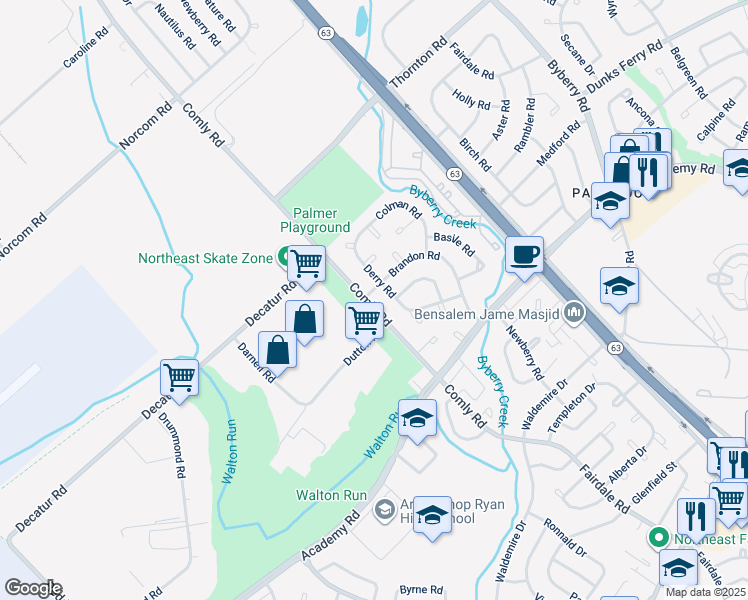 map of restaurants, bars, coffee shops, grocery stores, and more near 11701 Brandon Road in Philadelphia