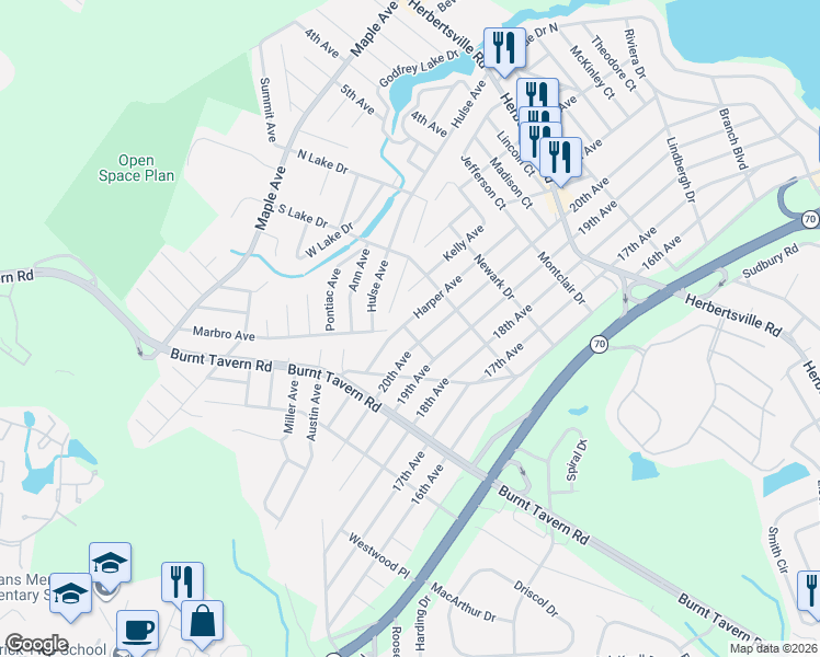 map of restaurants, bars, coffee shops, grocery stores, and more near 382 20th Avenue in Brick Township