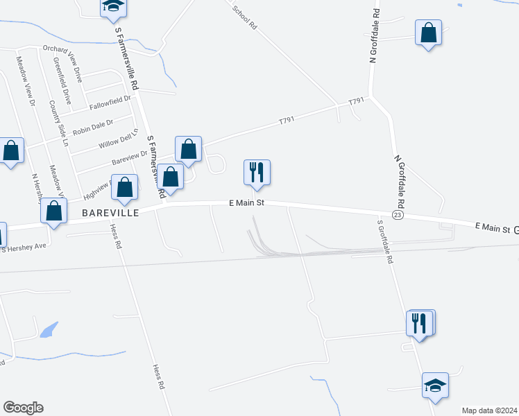 map of restaurants, bars, coffee shops, grocery stores, and more near 374 East Main Street in Leacock-Leola-Bareville