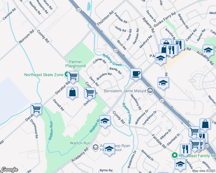 map of restaurants, bars, coffee shops, grocery stores, and more near 11716 Corry Road in Philadelphia