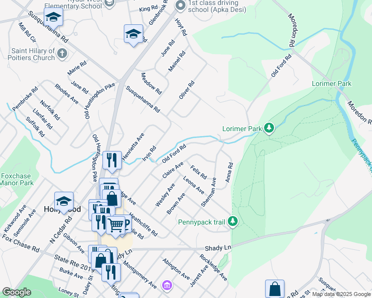 map of restaurants, bars, coffee shops, grocery stores, and more near 1043 Old Ford Road in Montgomery County
