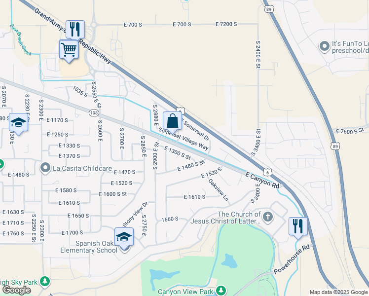 map of restaurants, bars, coffee shops, grocery stores, and more near 3056 East Canyon Road in Spanish Fork