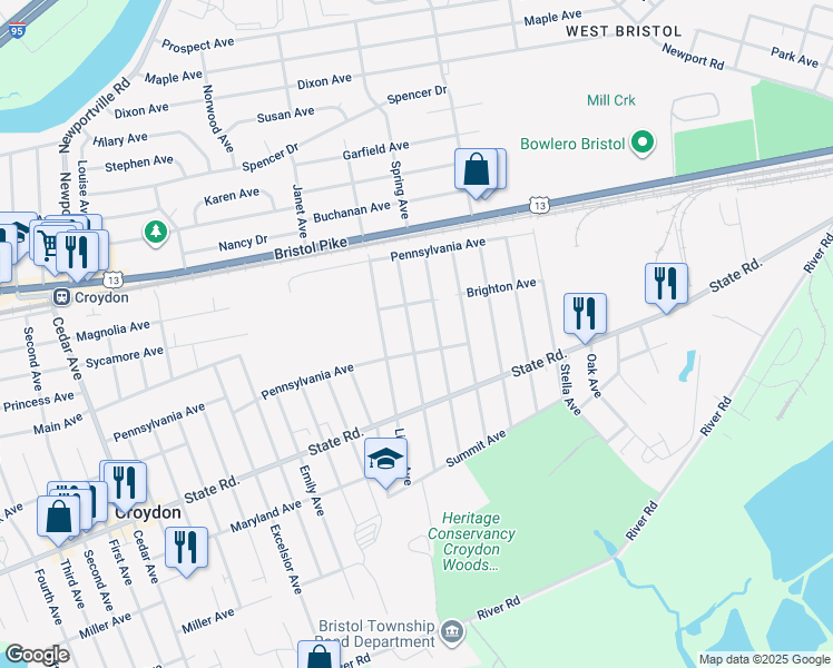 map of restaurants, bars, coffee shops, grocery stores, and more near 501 Grant Avenue in Croydon