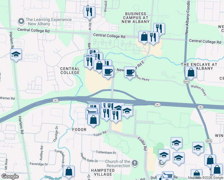 map of restaurants, bars, coffee shops, grocery stores, and more near New Albany Road in New Albany